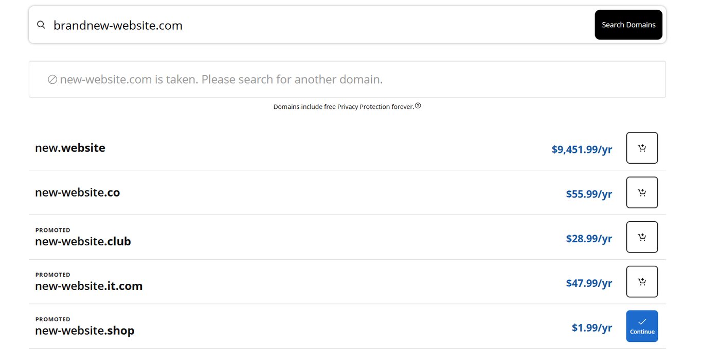 Domain name search results, with unavailable names at the top and cart buttons beside available names.
