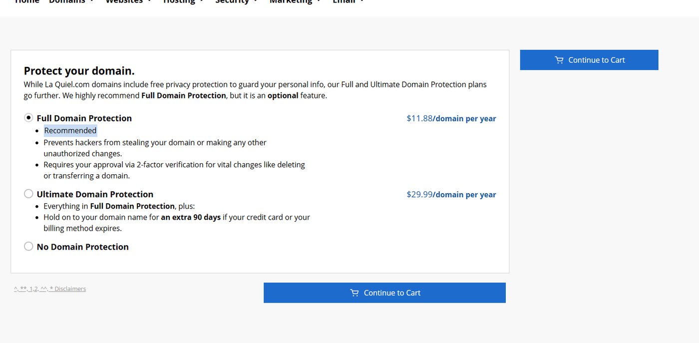 Protect your domain screen with Full Domain Protection selected.