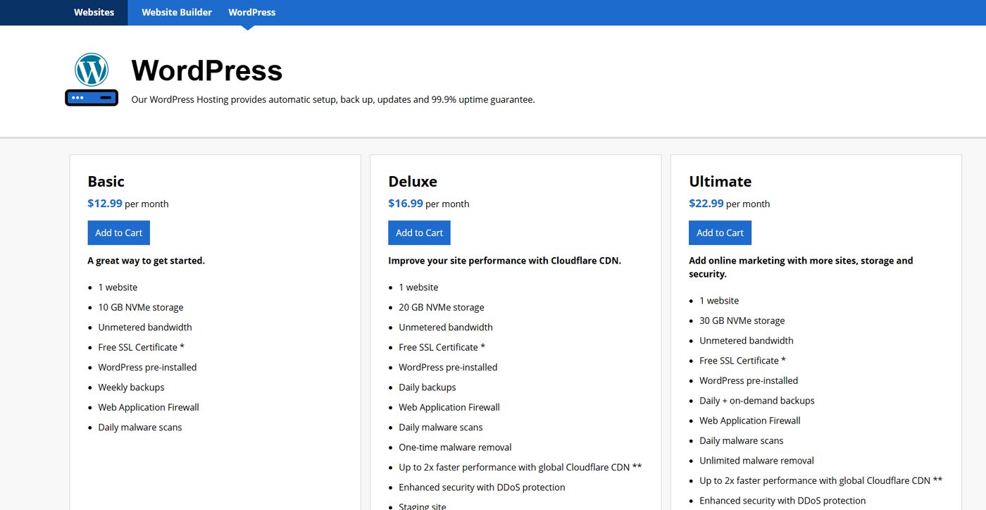WordPress hosting comparison with Basic, Deluxe, and Ultimate plans.