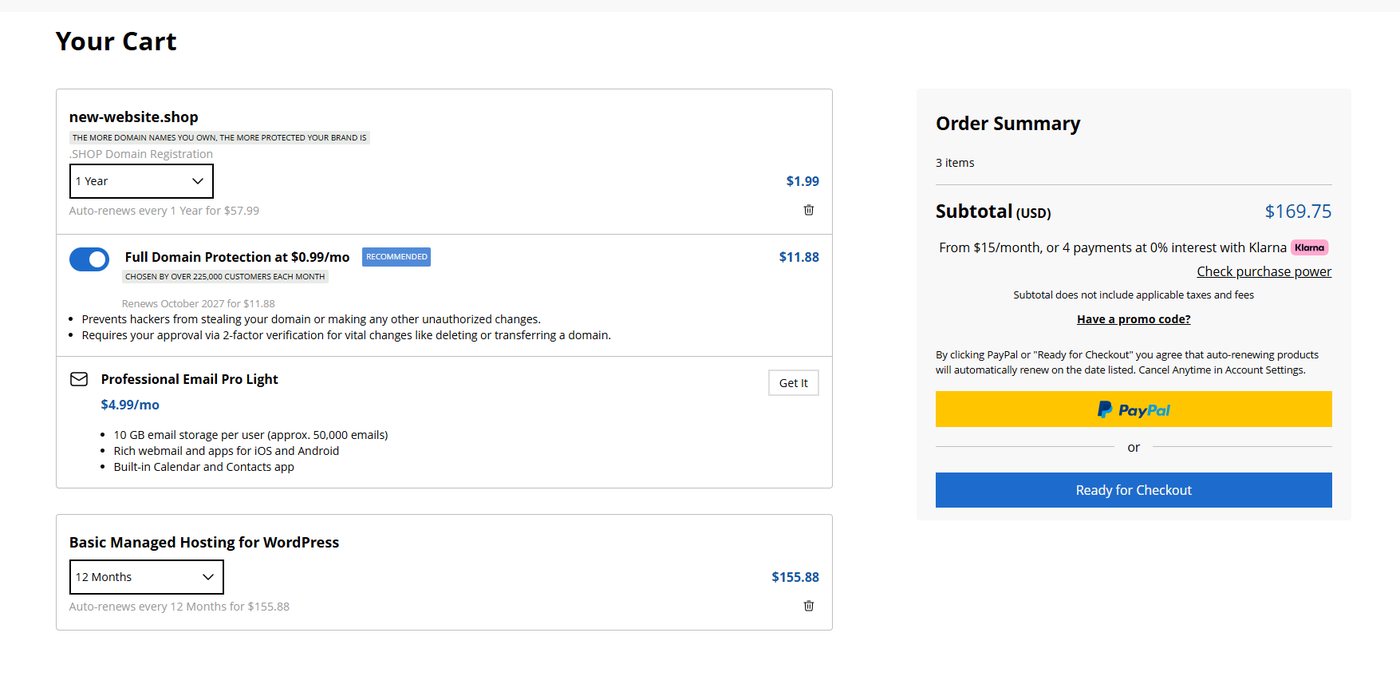 Full shopping cart showing the domain, domain protection, and Basic Managed Hosting for WordPress.