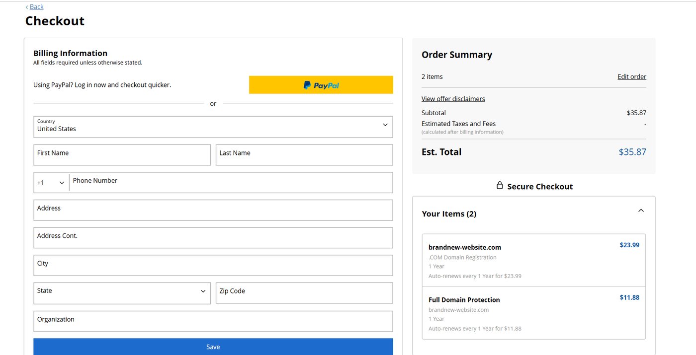 Checkout form with empty billing information fields and a PayPal option.